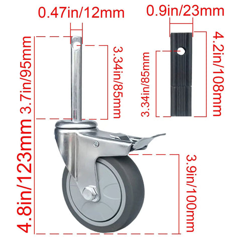 Set Of Four Smooth Operator 4 Inch Swivel Casters Dead Silent Tpr Rubber Glides with M12 screw stem, showing size dimensions.