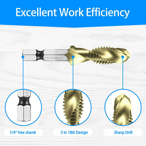 Three In One Drill And Tap Bit Set With Quick Change Adapter Titanium Coated close-up showing 1/4" hex shank and 3-in-1 bit design