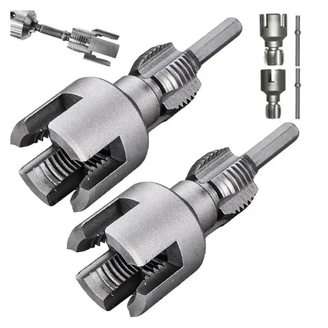 Heavy Duty PVC Pipe Threader Cuts Internal And External Threads With Zero Sweat, Fits Standard Power Drill, metallic tool set.