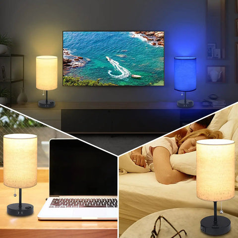 Bedside Lamp With 2 USB Ports And Outlet Lit RGB Color Changing Nightstand Light, 3-Way Dimmable With Remote Control, in use