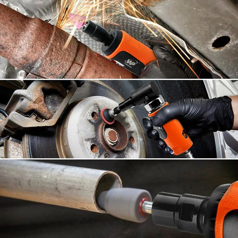 Pneumatic Air Die Grinder Set With Straight And Angled Heads 20K To 25K Rpm in action on rusted metal and brake components.
