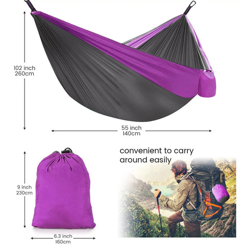 All In One Camping Hammock With Mosquito Net Rain Fly Tarp And Straps Storage Bag Portable Nylon Parachute Hammock, purple, size dimensions shown