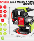 14 Piece T Handle Allen Wrench Set With SAE And Metric Hex Keys Beefy High Torque CR V Steel Hex Key Set With Color Coded Handles.