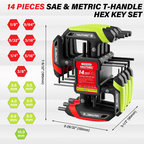 14 Piece T Handle Allen Wrench Set With SAE And Metric Hex Keys Beefy High Torque CR V Steel Hex Key Set With Color Coded Handles.