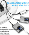 Wireless System With Dual Headset And Lavalier Mics, Bodypack Transmitters, Mini Receiver, rechargeable with USB charging shown