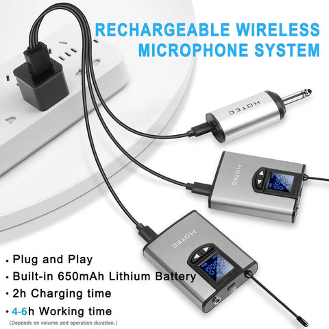 Wireless System With Dual Headset And Lavalier Mics, Bodypack Transmitters, Mini Receiver, rechargeable with USB charging shown