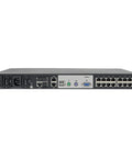 Back view of Top Shelf Cat5 KVM Switch Over IP featuring 16 ports, power connectors, and console inputs, designed for 1U rack mount.
