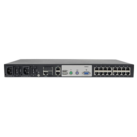 Back view of Top Shelf Cat5 KVM Switch Over IP featuring 16 ports, power connectors, and console inputs, designed for 1U rack mount.