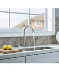 Sleek Brushed Nickel Kitchen Faucet Featuring Pull Out Side Spray in modern kitchen with lemons and window view.