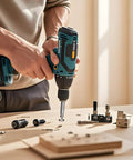 Person using a drill with Damaged Screw Extractor Set For Stripped Screws And Bolts, DIY Gear For Fixers on a wooden table