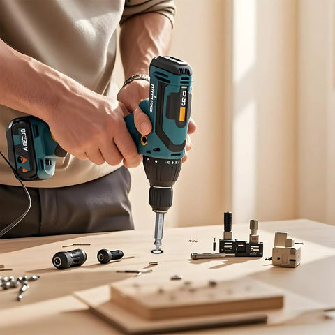Person using a drill with Damaged Screw Extractor Set For Stripped Screws And Bolts, DIY Gear For Fixers on a wooden table