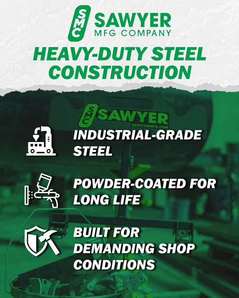 Sawyer MFG heavy-duty steel construction features industrial-grade steel and powder-coated finish for durability.