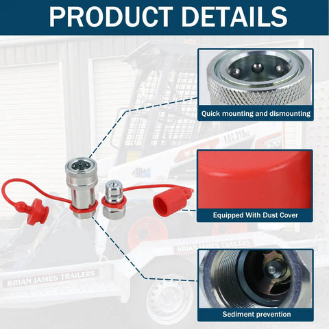 Three Eighths NPT Ag Hydraulic Quick Connect Coupler ISO 5675 Poppet Pioneer Style with dust caps, detailed view