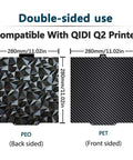 Dual Sided 280x280mm Build Plate For Qidi Q2 Series 3D Printers With Carbon Fiber Look Diamond Pattern Flexible PEO PET Heated Bed Spring Steel Plate Double Sided Hot Bed Plate For Q2 Q2C Q2 Combo, showing PEO and PET textures