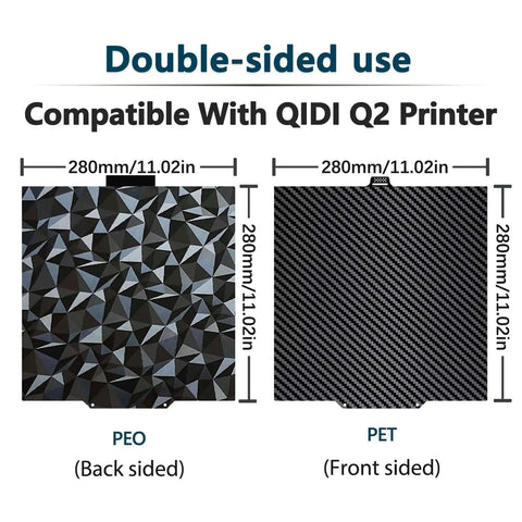 Dual Sided 280x280mm Build Plate For Qidi Q2 Series 3D Printers With Carbon Fiber Look Diamond Pattern Flexible PEO PET Heated Bed Spring Steel Plate Double Sided Hot Bed Plate For Q2 Q2C Q2 Combo, showing PEO and PET textures