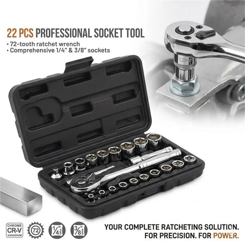 22 pcs Heavy Duty Chrome Vanadium Socket Set With One Quarter And Three Eighth Inch Drive Wrenches for auto and home repair