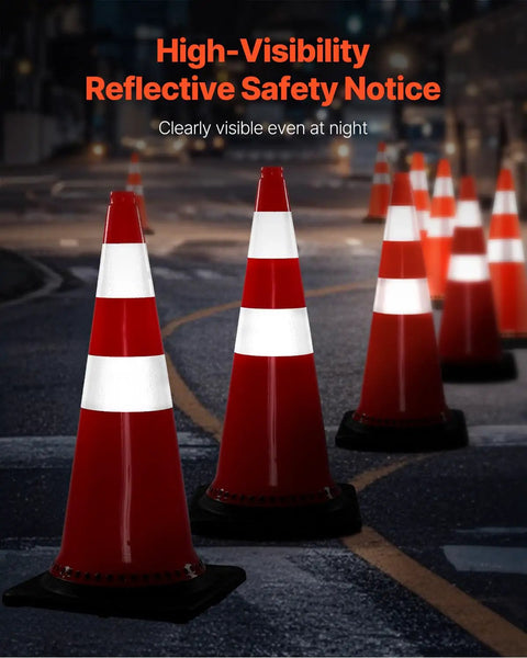 Eight Pack 30 Inch PVC Safety Cones with Reflective Collars and Black Weighted Bases for Traffic Control in Night View