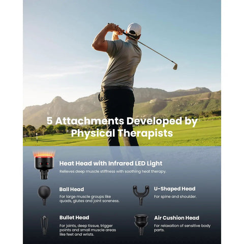 Q2 Ultra Mini Massage Gun With Red Light Infrared Heat Head attachments and a golfer showcasing outdoor use for muscle therapy.
