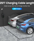 Plug And Play Level 1 And 2 Ev Charger With Adjustable 16 Amp Current And J1772 Connector For Bevs And Phves Featuring Simple Nema 5 15 Household Outlet Support For Zero Drama Quick Juice And Smooth Sailing with 25ft charging cable connecting two EVs.