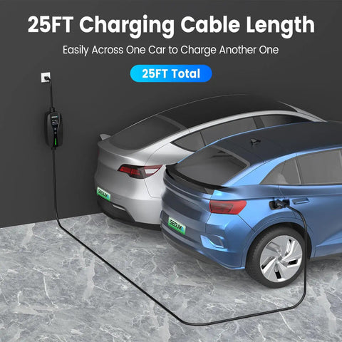 Plug And Play Level 1 And 2 Ev Charger With Adjustable 16 Amp Current And J1772 Connector For Bevs And Phves Featuring Simple Nema 5 15 Household Outlet Support For Zero Drama Quick Juice And Smooth Sailing with 25ft charging cable connecting two EVs.