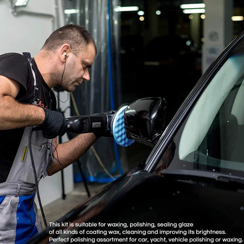 Person using 7 Inch Buffing And Polishing Pad Kit With Five Waffle Foam Pads, One Wool Pad And M14 Threaded Backing Plate For Polisher Grip.