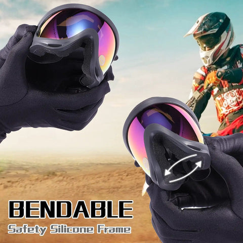 Two Pack ATV Dirt Bike Goggles For Snow Skiing And Off Road Riding Dope Windproof Waterproof Motocross Goggles With Thick Foam Anti Fog Lenses Adjustable Strap Suitable For Adults And Kids Protective Gear For Trail And Racing shown with bendable silicone frame