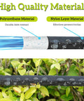 Close-up of a flat soaker hose with polyurethane material and nylon layer, designed for water saving in garden beds.