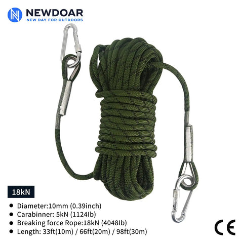Rugged 10 Millimeter Climbing Rope With Two Steel Hooks For Outdoor Rescue And Rappelling, Army Green, Coiled View