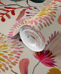 Wildflowers Floral Wallpaper Featuring Hella Smooth Matte Linen Texture And Truly PVC Free Composition Professional Grade Type II Paste Ready Wallcovering Super Durable Accent Decor For Modern Homes, showing a roll with vibrant floral patterns.