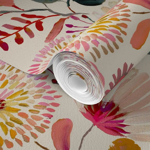 Wildflowers Floral Wallpaper Featuring Hella Smooth Matte Linen Texture And Truly PVC Free Composition Professional Grade Type II Paste Ready Wallcovering Super Durable Accent Decor For Modern Homes, showing a roll with vibrant floral patterns.