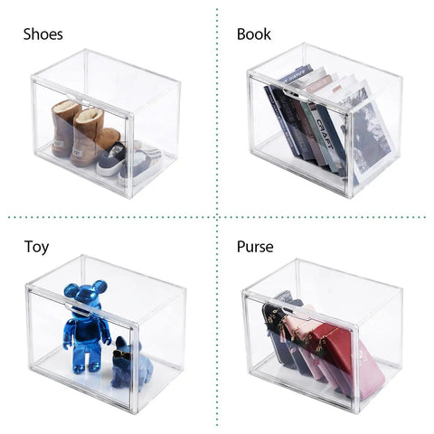 Clear Plastic Handbag Organizer Set 3 Pack For Closet Storage holding shoes, books, toys, and purses in acrylic display cases.