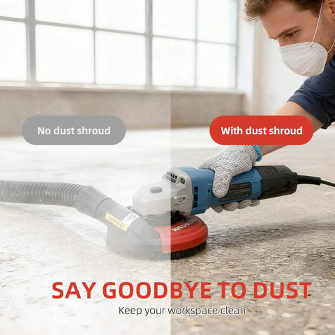 Pro Grade All In One Dust Shroud And Diamond Grinding Cup Wheel Kit For Angle Grinders 4.5 To 7 Inch in use on concrete floor