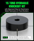 Hydraulic Knockout Punch Set 1/2 To 4 Inch, 15-Ton Capacity, shown with die on metal surface for electricians.