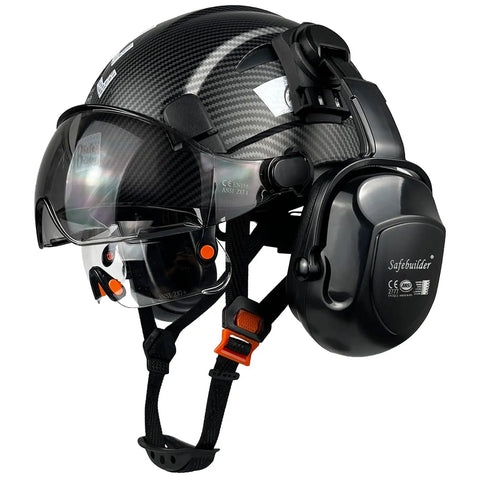 Hard Hat For Construction With Clear And Tinted Visors And Built In Earmuffs Hearing Protection Matte Black