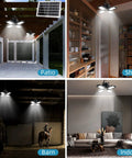 Four Head Solar Pendant Lights With Motion Sensor in patio, shed, barn, indoor settings showing versatility and illumination options