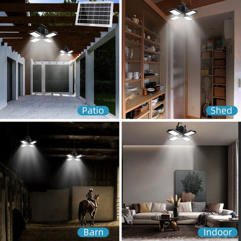 Four Head Solar Pendant Lights With Motion Sensor in patio, shed, barn, indoor settings showing versatility and illumination options
