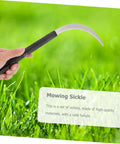5 Piece Ergonomic Mowing Sickle Set For Manual Reaping And Garden Harvesting, non-slip handle in use on lawn