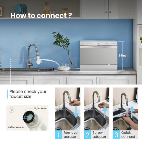 Installation guide for Smooth Operator Portable Countertop Dishwasher showing faucet connection steps and setup in kitchen.