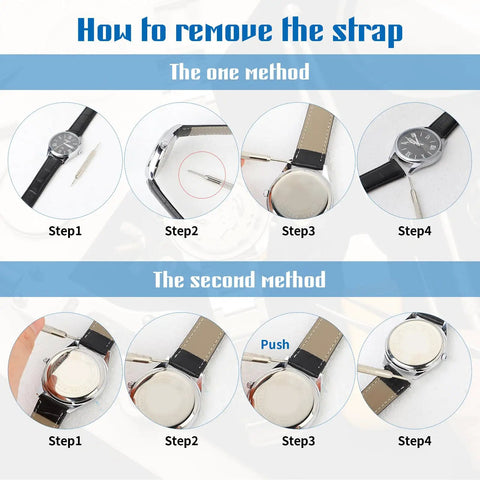 Steps to remove watch strap using Pro Grade Watch Pin Removal Tool Set 3 Pack Stainless Steel Double Ended Spring Bar Tool.