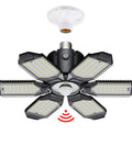 Motion Sensor Garage Light With Upgraded PIR, 20000 Lumen Output 200W Ceiling LED, E26 E27 Screw In design, detail view.