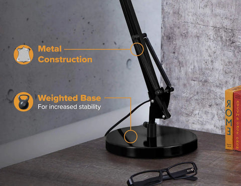 Swing Arm Desk Lamp With 36 Inch Reach Fully Adjustable Multi Joint Metal Build Replaceable LED Bulb Black Office Task Lighting