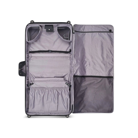 Delsey Paris Helium DLX rolling garment bag, black exterior, front view opened to show interior organizers and pockets