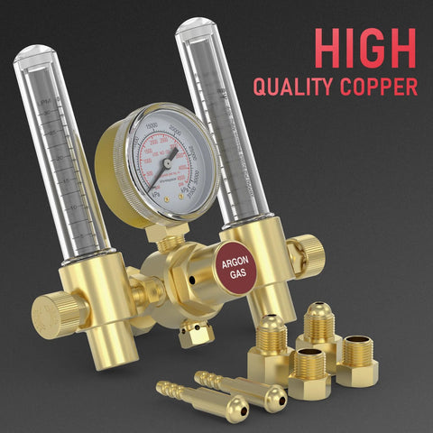 YesWelder dual-output argon regulator with two flow meters and gauge, brass finish, CGA580 inlet.