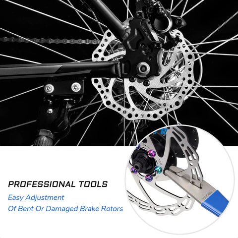 Bike Disc Rotor Truing Fork Tool Wrench for MTB Mountain and Road Bicycles With Heat Treated Steel Construction in use on wheel