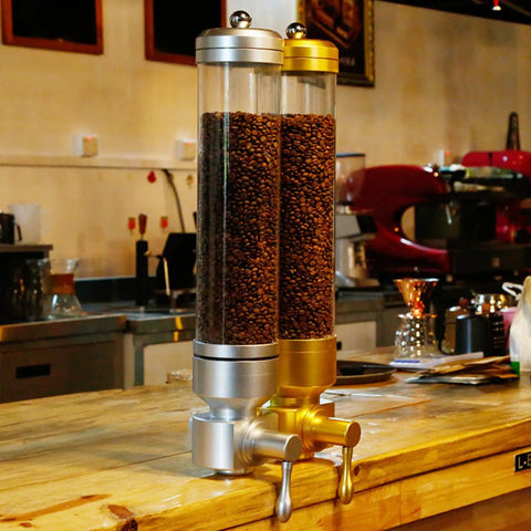Wall Mounted Transparent Coffee Canister With Gold Trim And Smooth Grip Handle Straight Up Fantastic Dry Food Dispenser for coffee beans.