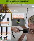 Child being bathed with All Metal Rain Shower Head With Handheld Spray, 78 Inch Extra Long Stainless Steel Hose, installation tips displayed.