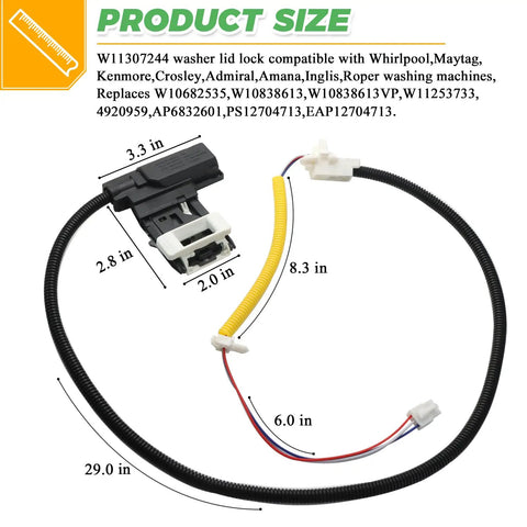 2026 Upgraded Washer Lid Lock Switch 3 Wire Replacement Drop In Replacement Compatible With Whirlpool Kenmore Maytag Roper Washing Machines Replaces W10838613 W10838613VP W11253733 PS12704713 W10682535 W11307244 Techecook 29 in wiring harness