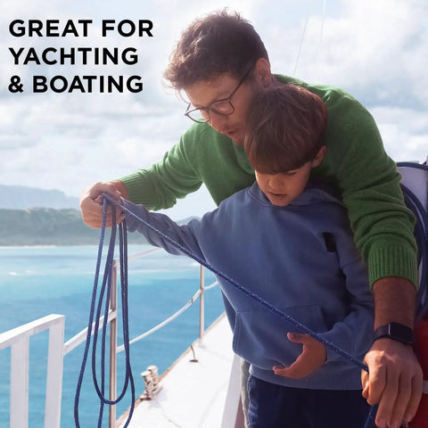 Father and son on a boat holding Rugged All Purpose Rope One Quarter Inch And Three Eighths Inch Diamond Braided Polypropylene Nylon Cord.