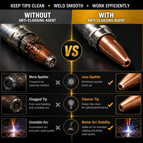 Comparison of welding tips with and without Pro Grade Welding Anti Clogging Gel For MIG Nozzles And Tips, showcasing reduced spatter.