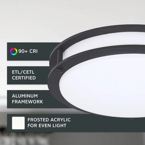 Matte Black 14 Inch Round Flush Mount LED Ceiling Light, Dimmable 1400 Lumens, close-up showing aluminum frame and frosted acrylic